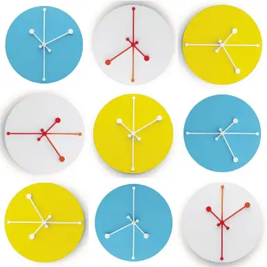  ?? ALESSI ?? Alessi’s Dotty clocks designed by Australian-born, London-based artist and designer Abi Alice.