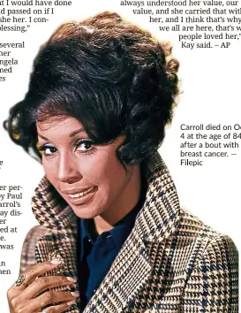  ??  ?? Carroll died on oct 4 at the age of 84 after a bout with breast cancer. — Filepic