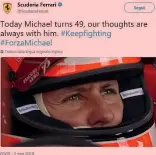  ?? ANSA ?? Il tweet di auguri della Scuderia Ferrari