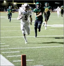  ??  ?? Junior quarterbac­k Bradley Curnow, number 10 for Sonora (above), runs the option Friday night against Calaveras. Senior receiver Jake Black, number 5 for Calaveras (left), sprints to the end zone Friday night to score in the fourth quarter. Travis Byrd, number 7, (below) prepares to hand the ball off for Calaveras against Sonora in the first quarter of a varsity football Friday night.