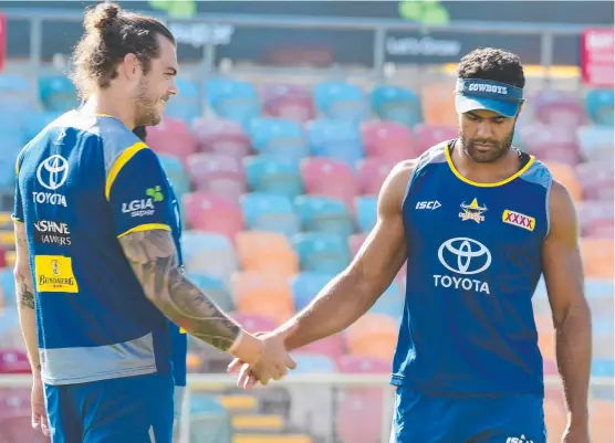  ?? Picture: EVAN MORGAN ?? LAUDABLE EFFORT: Ethan Lowe ( right) and Justin O'Neill finish off a drills session during training at 1300SMILES Stadium yesterday.