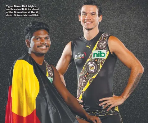  ?? ?? Tigers Daniel Rioli (right) and Maurice Rioli Jnr ahead of the Dreamtime at the ‘G clash. Picture: Michael Klein