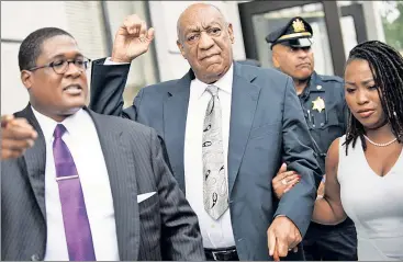  ??  ?? TRIUMPH: Bill Cosby exults Saturday outside court with aides Andrew Wyatt and Ebonee M. Benson after his sex-assault case brought by Andrea Constand (inset, below left) ended in a mistrial.