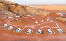  ?? ?? Mysk Moon Resort Sharjah is flanked by rugged hills and endless reddish sands in the emirate’s Mleiha region.