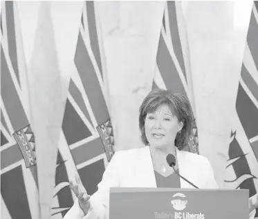  ??  ?? Premier Christy Clark addresses a gathering in Vancouver Wednesday. Her throne speech Thursday borrowed heavily from NDP and Green platforms. As opposition leader, she will have a hard time criticizin­g those policies, writes Les Leyne.