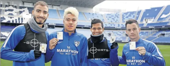  ??  ?? PÓKER VENEZOLANO. De izquierda a derecha Mikel Villanueva, Peñaranda, Roberto Rosales y Juanpi. Cuatro vinotintos en el Málaga.