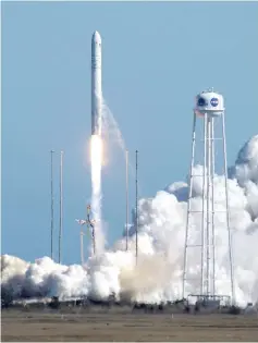  ??  ?? The Northrop Grumman Antares rocket, with Cygnus resupply spacecraft onboard, launches from Pad-0A, at Nasa’s Wallops Flight Facility in Virginia. — Reuters photo