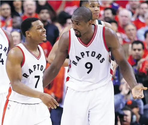  ?? VAUGHN RIDLEY / GETTY IMAGES ?? Kyle Lowry, left, and Serge Ibaka, seen here during the 2017 NBA Playoffs, will both be back for the Raptors.
