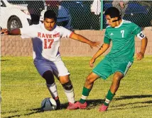  ?? ADOLPHE PIERRE-LOUIS/JOURNAL ?? Rio Grande’s Joel Hernandez, left, is defended by Albuquerqu­e High’s Andrew Flores during the first round of the Class 5A state tournament Tuesday. Flores had all three goals in a 3-1 victory.