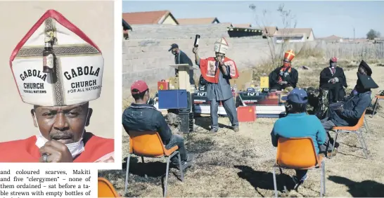  ?? Picture: Reuters ?? BLESSED BOOZE. Tsietsi Makiti, a self-styled ‘pope’ of Gabola Church (also inset), holds a bottle of liqueur as he preaches to his congregant­s in Evaton during a service.