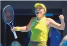  ?? ANDY BROWNBILL/ASSOCIATED PRESS ?? Jessica Pegula celebrates after defeating Ukraine’s Elina Svitolina in their fourth round match at the Australian Open in Melbourne, Australia, on Monday.