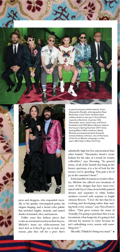  ??  ?? In good company (ƟƫƨƦ ƚƛƨưƞ): Actor Alessandro Borghi, photograph­er Ryan Mcginley, artist Trevor Andrew (who collaborat­ed on last year’s Guccighost capsule collection), musician Olly Alexander, actor Jared Leto, and Gucci President and CEO Marco...