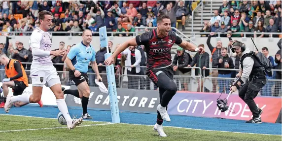  ?? Picture: Matt Impey/Shuttersto­ck ?? Sean Maitland shows his delight at scoring his and Saracens’ second try in the win against Northampto­n