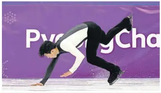  ?? PHILLIP/THE ASSOCIATED PRESS] [PHOTOS BY DAVID J. ?? Nathan Chen of the United States falls while performing during the men’s short program in the Gangneung Ice Arena at the Winter Olympics Friday in Gangneung, South Korea.