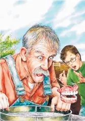  ??  ?? Grandpa’s false teeth fall into the well in this illustrati­on by Antonio Castro L. in Joe Hayes’ latest book, “Grandpa’s Halla-loo-ya Hambone!”