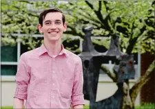  ?? SARAH GORDON/THE DAY ?? Montville High School senior Joshua Archibald is shown Tuesday at the school’s courtyard. Archibald, who is a member of the choir and class president, is headed to Harvard University in the fall.