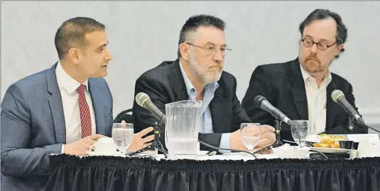  ?? tina coMEau ?? Yarmouth riding candidates Zach Churchill (Liberal), Mitch Bonnar (PC) and David Olie (NDP) took part in a candidate forum last week. Green Party candidate Jim Laverie was out of the province and unable to attend.