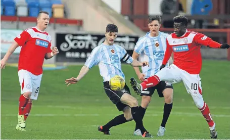  ??  ?? Isaac Layne, right, had Brechin’s best chance of the match.