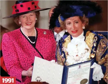  ?? ?? Then and now: Margaret Thatcher with scandal-hit ally Dame Shirley Porter, and Mayor Sadiq Khan celebratin­g Labour’s victory there