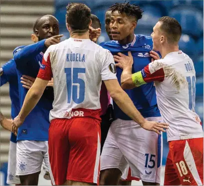  ??  ?? Glen Kamara was allegedly racially abused by Ondrej Kudela during the Europa League game at Ibrox