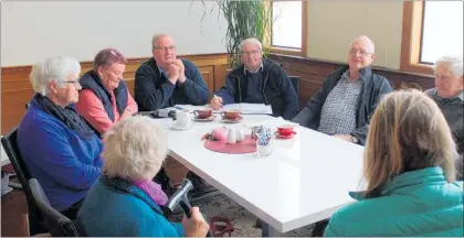  ??  ?? Dannevirke Community Board members Kim Spooner-Taylor, Pat Walshe , Terry Hynes and Ross Macdonald chat with Dannevirke residents at The Vault on
Tuesday.