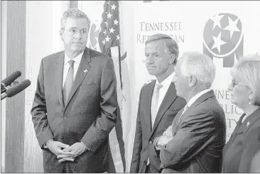  ?? ERIK SCHELZIG/ASSOCIATED PRESS ?? Former Florida governor Jeb Bush (left) attends a news conference prior to a state Republican Party fundraisin­g dinner in Nashville on May 30 with Tennessee Gov. Bill Haslam (second from left), U.S. Sen. Bob Corker and U.S. Rep. Diane Black.