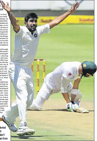  ?? BCCI ?? Jasprit Bumrah appeals against South Africa skipper Faf du Plessis in the Cape Town Test. The debutant pacer took four wickets.