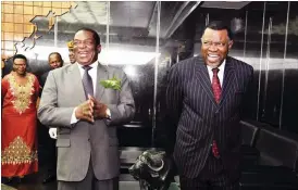  ??  ?? President Mnangagwa is welcomed by his Namibian counterpar­t Hage Geingob on the third leg of his regional tour to brief fellow Sadc leaders on developmen­ts in Zimbabwe that culminated in his ascension to the Presidency