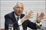  ?? PETER KLAUNZER — KEYSTONE VIA AP ?? Axel Lehmann, Chairman Credit Suisse, speaks during a press conference in Bern, Switzerlan­d, March 19.