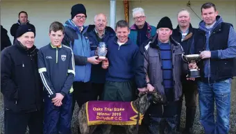  ??  ?? Michael O’Sullivan, Cormac Thomson, Cathal O Connor, Donie and Mossie O’Sullivan, Mike Slattery, Dan Foley, Paddy Sheehan, Mossie Connell pictured here after Mossie and Dan’s dog, Pilgrim Victoria, won the Oaks Trial Stakes at Ballyduff coursing on...