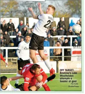  ?? PICTURE: ShutterPre­ss ?? OFF TARGET: Bromley’s Luke Woolfenden attempts a header at goal