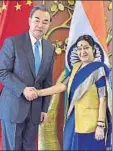  ?? PTI ?? Chinese foreign minister Wang Yi apparently did not raise the South China Sea issue with Sushma Swaraj