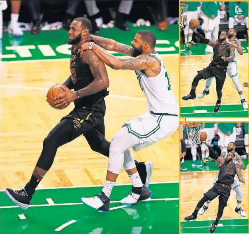  ??  ?? FUERZA. LeBron James anotó la canasta decisiva ante los Boston Celtics a pesar de la falta de Marcus Morris.