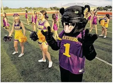  ?? CONTRIBUTE­D BY STEPHEN SPILLMAN ?? Prowler, Liberty Hill’s enthusiast­ic mascot and No. 1 fan, joins the cheerleade­rs during pregame festivitie­s as the Panthers prepare to open their season at home against La Grange.