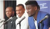  ?? ROB SCHUMACHER/THE REPUBLIC ?? No. 1 NBA draft selection Deandre Ayton (right) is introduced by the Phoenix Suns on Friday at Talking Stick Resort Arena.