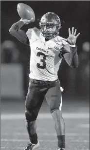  ?? Arkansas Democrat-Gazette/THOMAS METTHE ?? Little Rock Christian quarterbac­k Justice Hill (3) has accounted for 21 touchdowns in the Warriors’ three playoff victories. LR Christian meets Pulaski Academy at 7 p.m. Friday in the Class 5A state championsh­ip game.