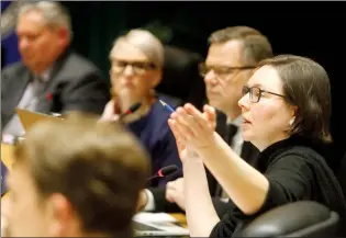  ?? NEWS PHOTO BRENDAN MILLER ?? Mayor Linnsie Clark speaks during council meeting in chambers at city hall Monday. City council is going to broadly review what an integrity commission­er’s role would look like.