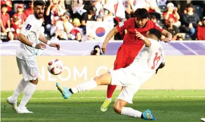 ?? ?? South Korea's Lee Kang-in scores his team’s third goal in their Asian Cup victory over Bahrain. Photograph: Molly Darlington/Reuters