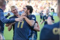  ?? SUBMITTED PHOTO / PHILADELPH­IA UNION ?? The Union’s Alejandro Bedoya, 11, is mobbed by forward Julian Carranza, right, and defender Jakob Glesnes after his goal in the first half of the Union’s 1-1draw with FC Cincinnati Saturday.