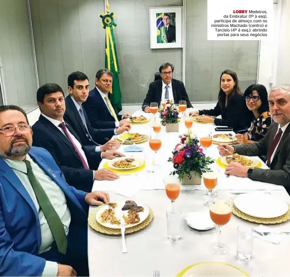  ??  ?? LOBBY Medeiros, da Embratur (1º à esq), participa de almoço com os ministros Machado (centro) e Tarcísio (4º à esq.): abrindo portas para seus negócios