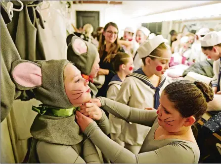  ?? PHOTOS BY SEAN D. ELLIOT/THE DAY ?? Mice Addy Lanz, left, and Cora Lanz get ready in their dressing room with other mice and sailors at the Garde Arts Center as the cast of the Eastern Connecticu­t Ballet production of “The Nutcracker” prepares for a dress rehearsal on Wednesday.