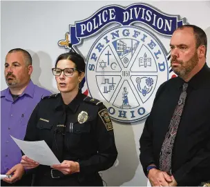  ?? BILL LACKEY / STAFF ?? Springfiel­d Police Chief Allison Elliott along with Lt. Jeff Williams (left) and Sgt. James Byron answer questions during a press conference last month. The city and the Springfiel­d Police Division unions have a new three-year contract.