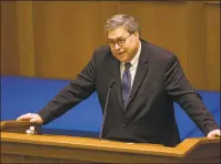  ?? Robert Franklin / Associated Press ?? U.S. Attorney General William P. Barr speaks to Notre Dame Law School students and faculty on Oct. 11 inside Notre Dame’s Eck Hall of Law in South Bend, Ind.