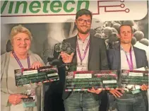  ?? Lucinda Heyns ?? ABOVE: From left: Sheila Storey from Nemabio (third place); Fabian Le Bourdiec from Vegetal Signals (first place); and Yves Matton from UV Boosting (second place) accept prizes on behalf of their companies in the 2019 SA Winetech Pitching Den competitio­n.