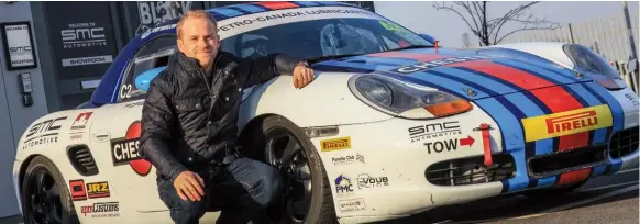  ??  ?? Toby, with Boxster race car, which he will be racing in Class 2 of the Porsche Club Championsh­ip in 2020
