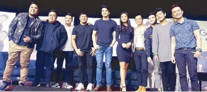  ??  ?? Star Music audio content head Jonathan Manalo (rightmost) with (from left) Agsunta’s Jireh Singson, Josh Planas, Stephen Arevalo and Mikel Arevalo; Migz Haleco; Natsumi Saito, JC Santos; and singing duo Miko &amp; Gab