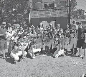  ?? Contribute­d photo ?? Three times: Parkers Chapel poses with the trophy Monday after winning the 2A South Regional Softball Tournament. The Lady Trojans beat Rison 7-4 in eight innings in Magnet Cove.