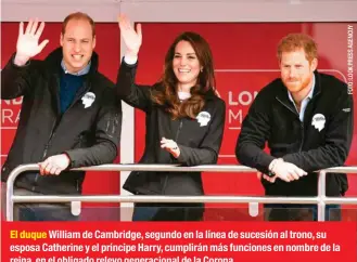  ??  ?? El duque William de Cambridge, segundo en la línea de sucesión al trono, su esposa Catherine y el príncipe Harry, cumplirán más funciones en nombre de la reina, en el obligado relevo generacion­al de la Corona.