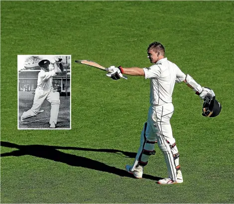  ?? GETTY IMAGES ?? Tom Latham celebrates his century against Sri Lanka at the Basin Reserve in December, the start of a sequence of scoring reminiscen­t of legendary Australian run machine Don Bradman, inset.