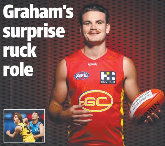  ??  ?? Suns tall Caleb Graham is expected to play in the ruck against Carlton and (inset) Graham at the under-18 national titles. Main picture: Chris Hyde/AFL